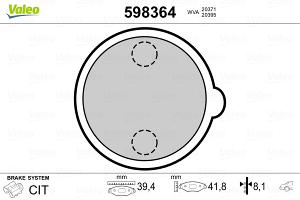 VALEO 598364 Brake Pad Set, disc parking brake