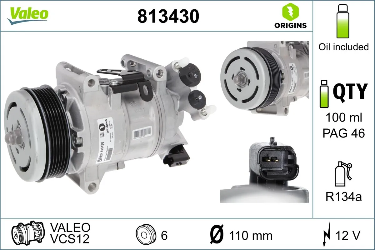 Compressor, air conditioning VALEO ORIGINS NEW OE TECHNOLOGY 813430
