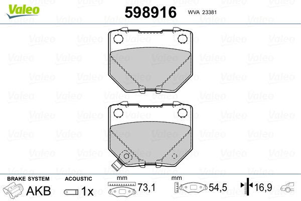 VALEO 598916 Brake Pad Set, disc brake