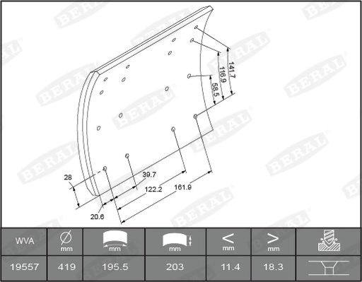 BERAL KBL19557.1-1561 Brake Lining Kit, drum brake