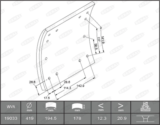 Brake Lining Kit, drum brake KBL19030.0-1631