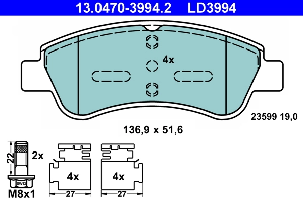 Brake Pad Set, disc brake ATE Ceramic 13.0470-3994.2