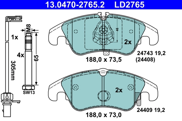 Brake Pad Set, disc brake ATE Ceramic 13.0470-2765.2