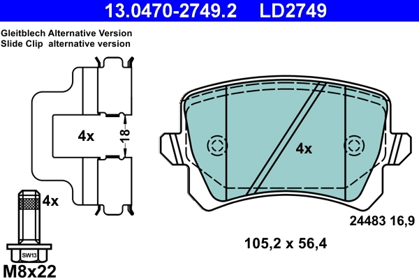 Brake Pad Set, disc brake ATE Ceramic 13.0470-2749.2