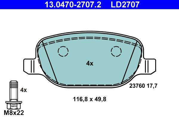 Brake Pad Set, disc brake ATE Ceramic 13.0470-2707.2