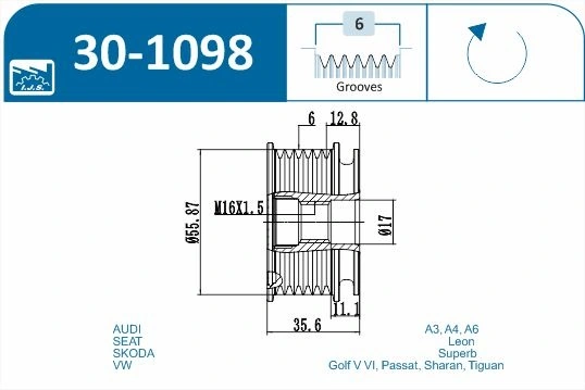 Alternator Freewheel Clutch Technology & Quality, Made in Spain 30-1098
