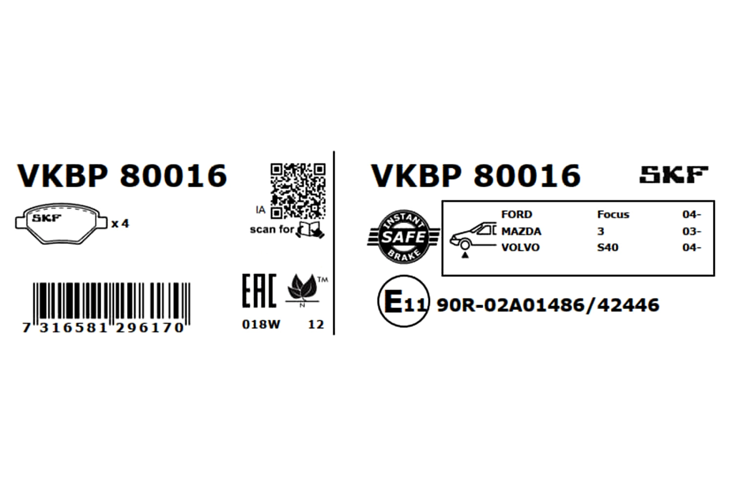 Brake Pad Set, disc brake VKBP 80016