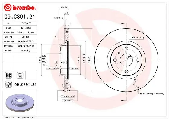 Brake Disc PRIME LINE - UV Coated 09.C391.21