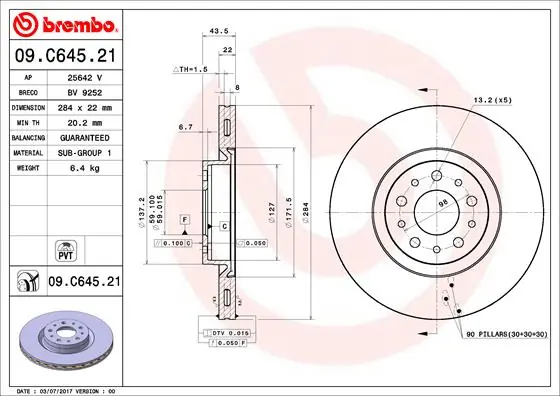 Brake Disc PRIME LINE - UV Coated 09.C645.21