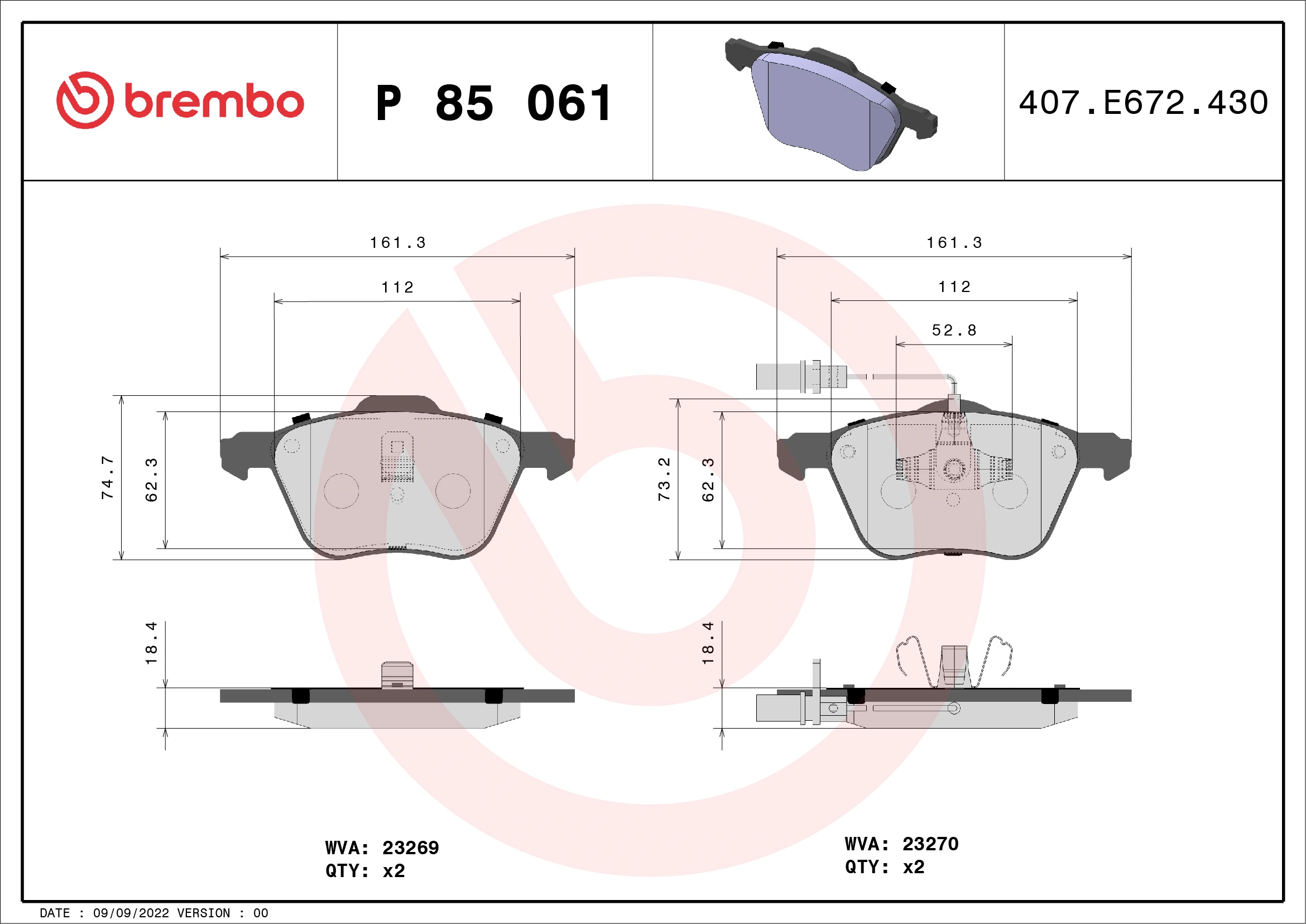 Brake Pad Set, disc brake PRIME LINE P 85 061
