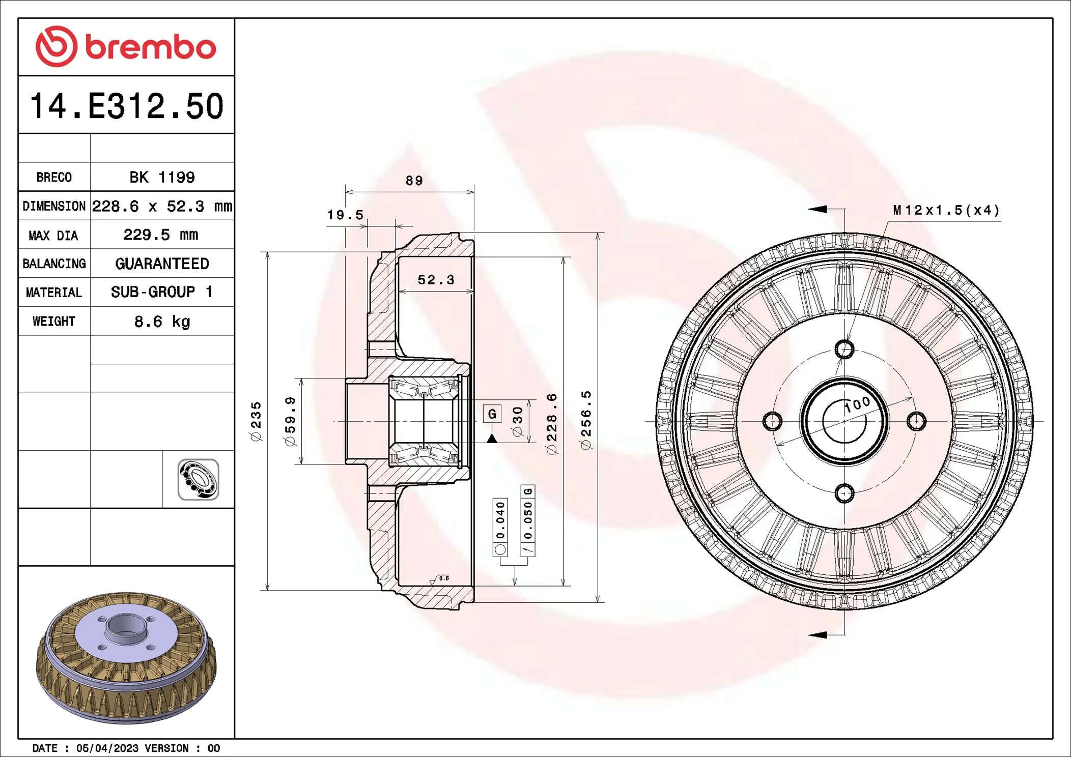Brake Drum ESSENTIAL LINE - With Bearing Kit 14.E312.50