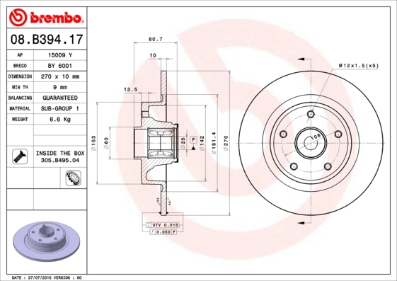 Brake Disc PRIME LINE - With Bearing Kit 08.B394.17