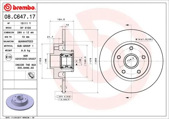 Brake Disc PRIME LINE - With Bearing Kit 08.C647.17