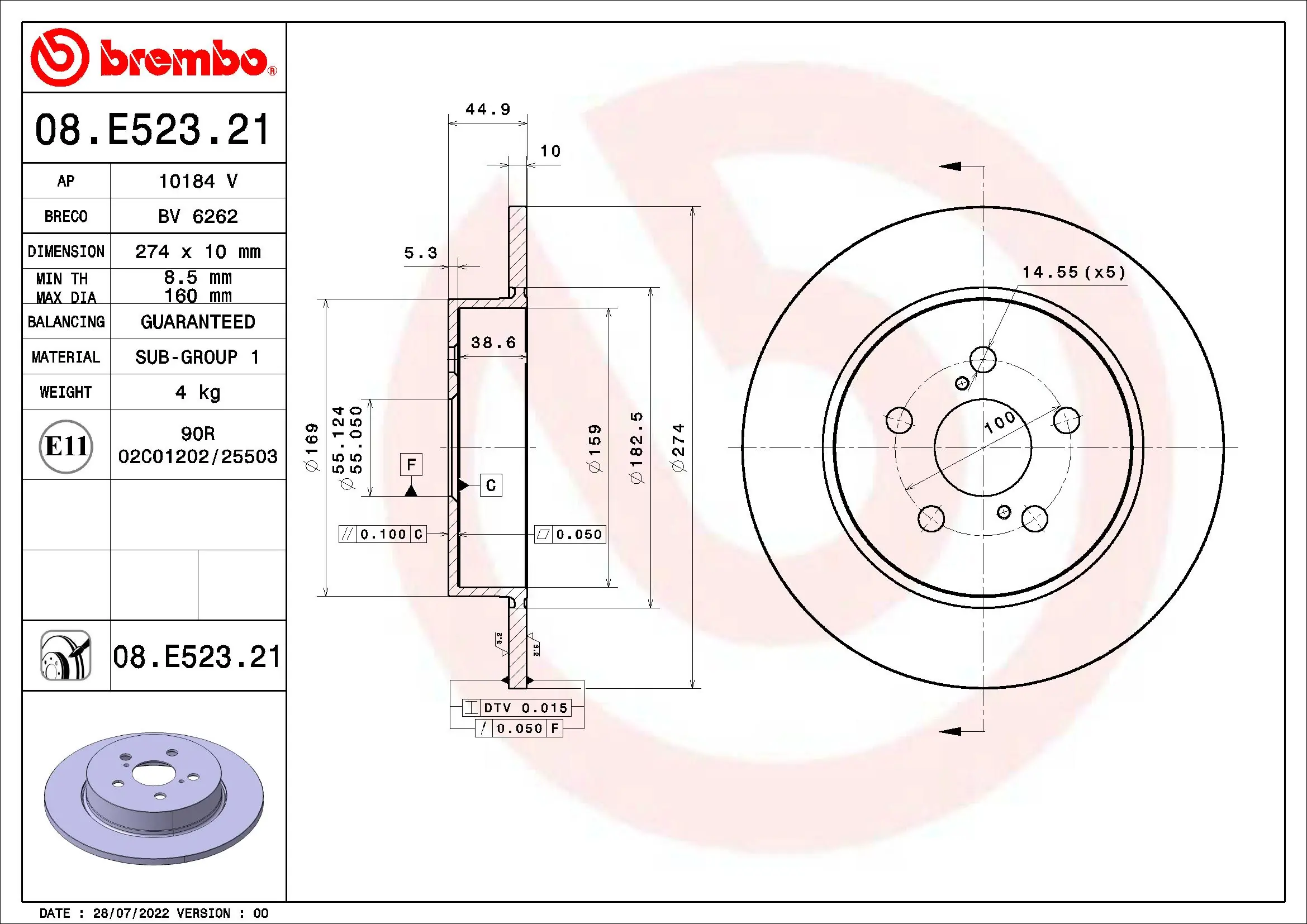 Brake Disc PRIME LINE - UV Coated 08.E523.21