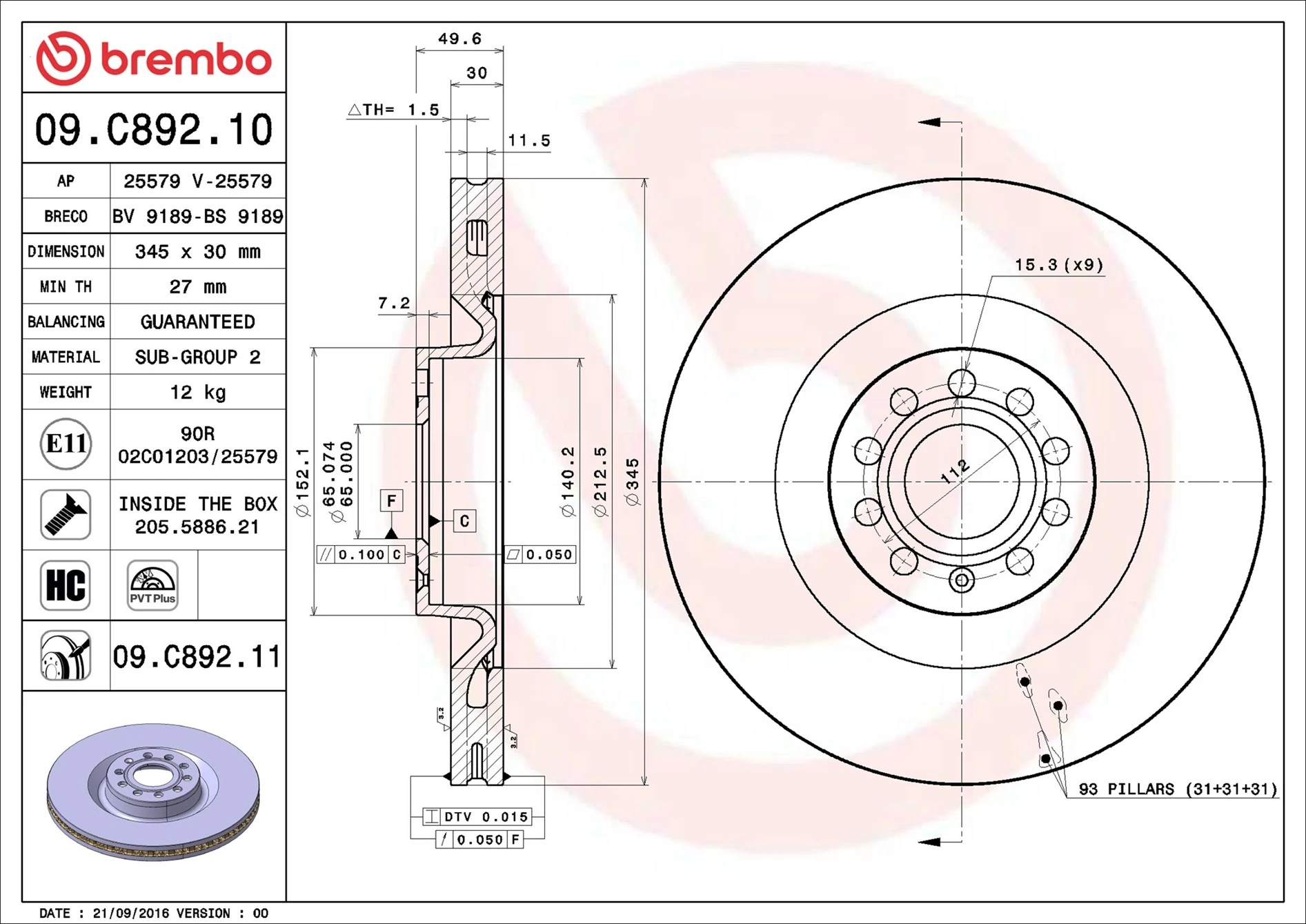 Brake Disc PRIME LINE - UV Coated 09.C892.11
