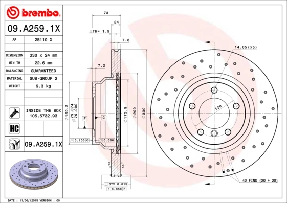 Brake Disc XTRA LINE - Xtra 09.A259.1X
