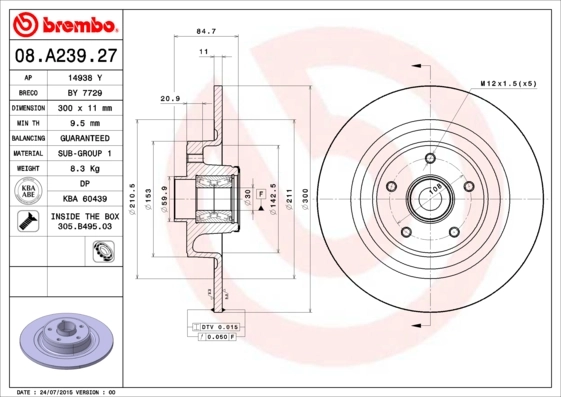 Brake Disc PRIME LINE - With Bearing Kit 08.A239.27