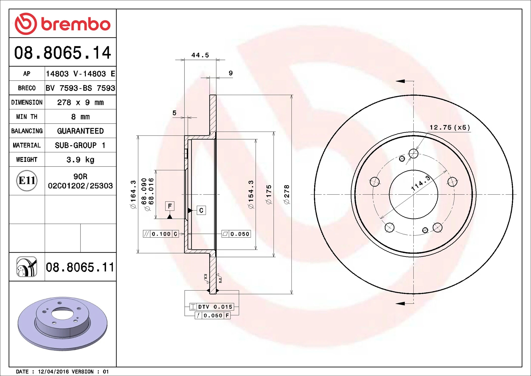 Brake Disc PRIME LINE 08.8065.14