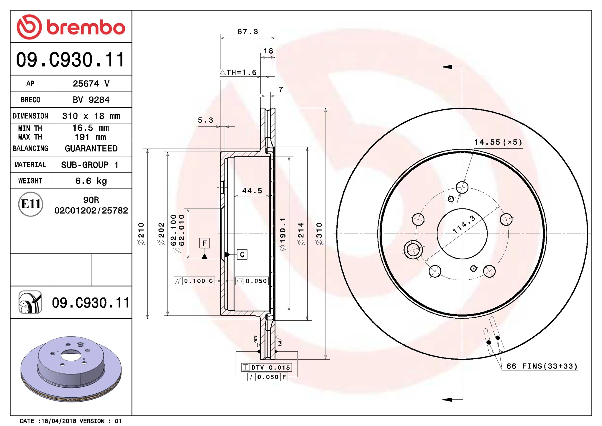Brake Disc PRIME LINE - UV Coated 09.C930.11