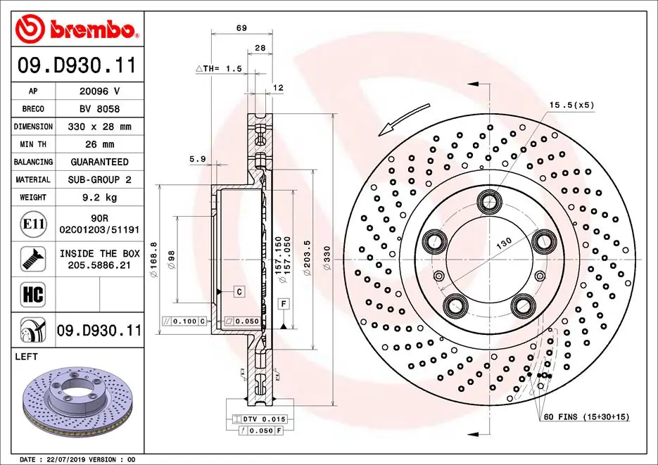 Brake Disc PRIME LINE - UV Coated 09.D930.11