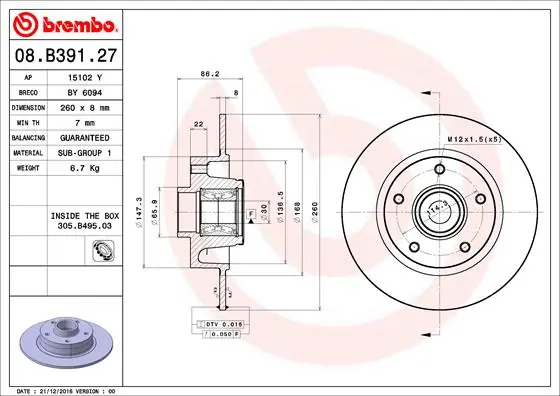 Brake Disc PRIME LINE - With Bearing Kit 08.B391.27