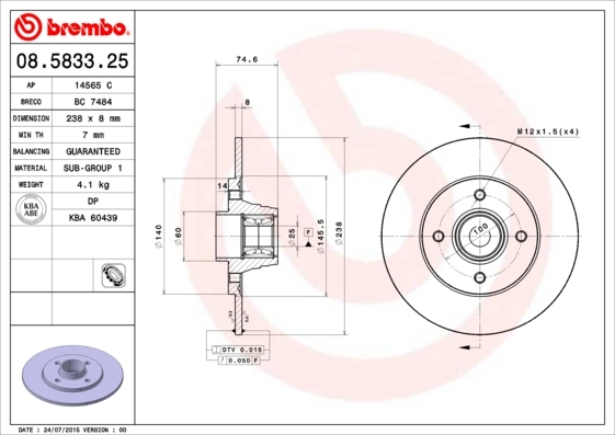 Brake Disc PRIME LINE - With Bearing Kit 08.5833.25