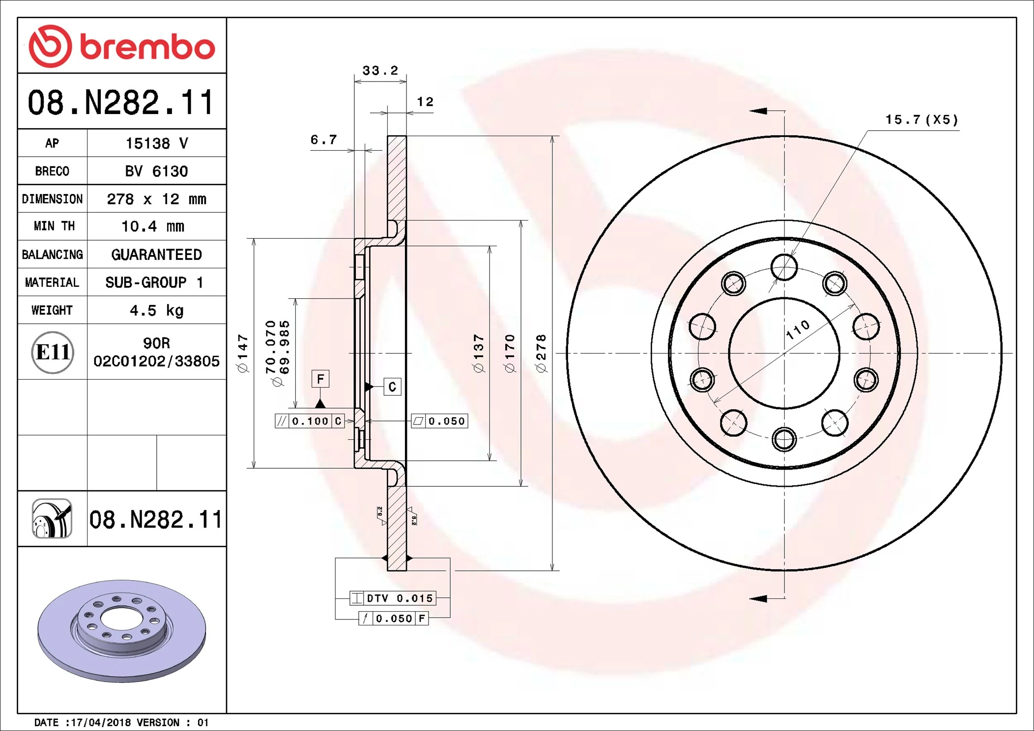 Brake Disc PRIME LINE - UV Coated 08.N282.11