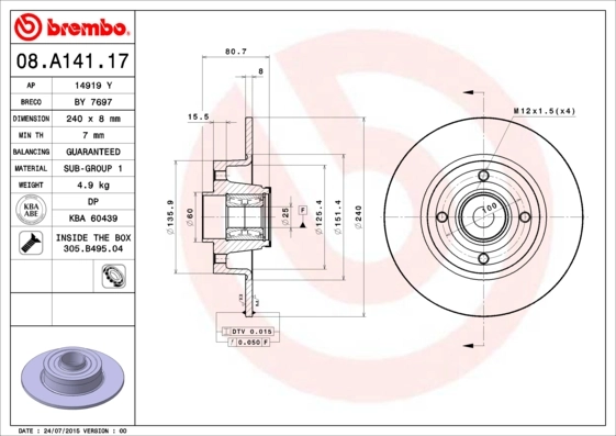 Brake Disc PRIME LINE - With Bearing Kit 08.A141.17