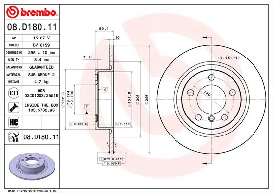 Brake Disc PRIME LINE - UV Coated 08.D180.11
