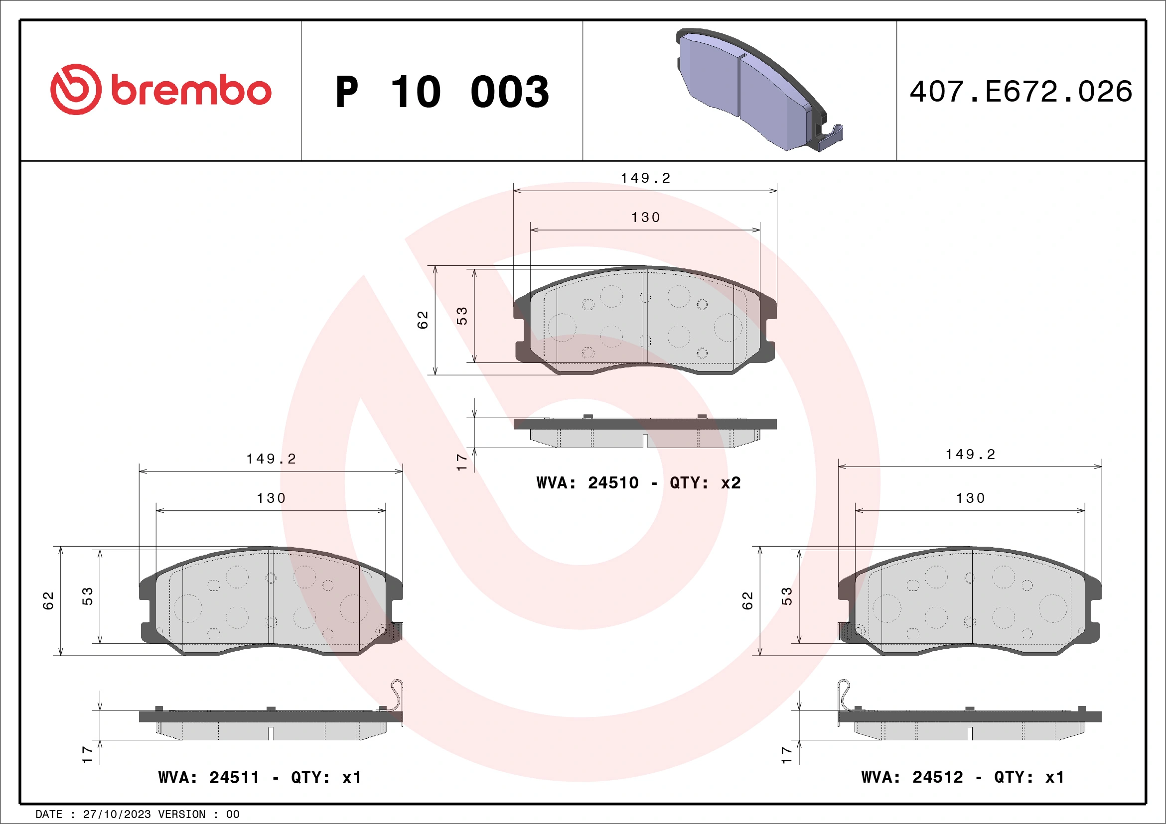 Brake Pad Set, disc brake PRIME LINE P 10 003