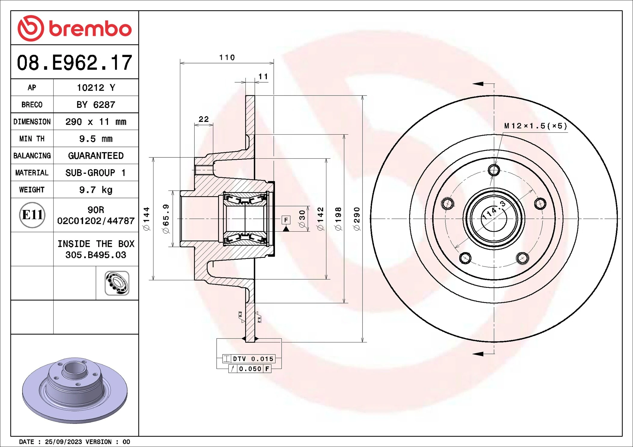 Brake Disc PRIME LINE - With Bearing Kit 08.E962.17