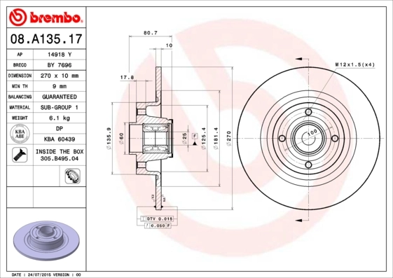 Brake Disc PRIME LINE - With Bearing Kit 08.A135.17
