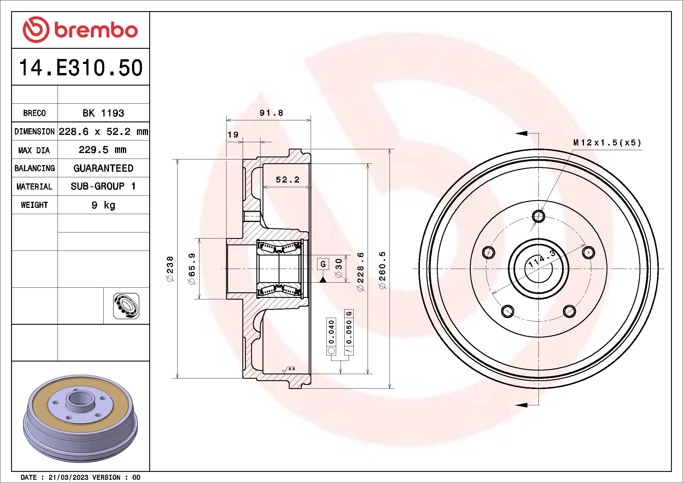 Brake Drum ESSENTIAL LINE - With Bearing Kit 14.E310.50