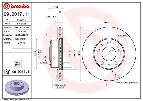 Brake Disc PRIME LINE - UV Coated 09.D017.11