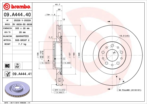 Brake Disc PRIME LINE - UV Coated 09.A444.41