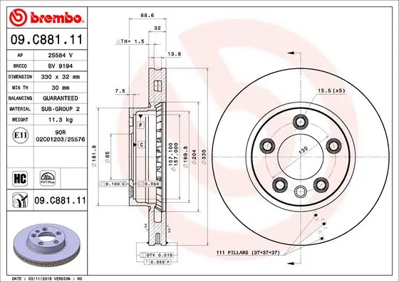 Brake Disc PRIME LINE - UV Coated 09.C881.11
