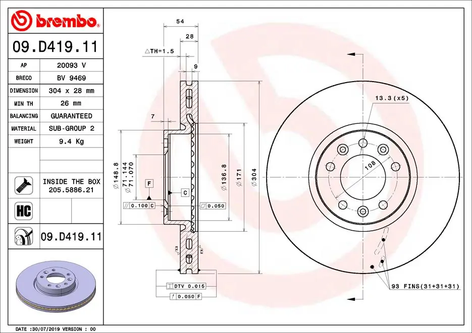 Brake Disc PRIME LINE - UV Coated 09.D419.11