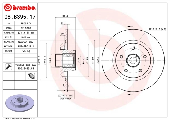 Brake Disc PRIME LINE - With Bearing Kit 08.B395.17