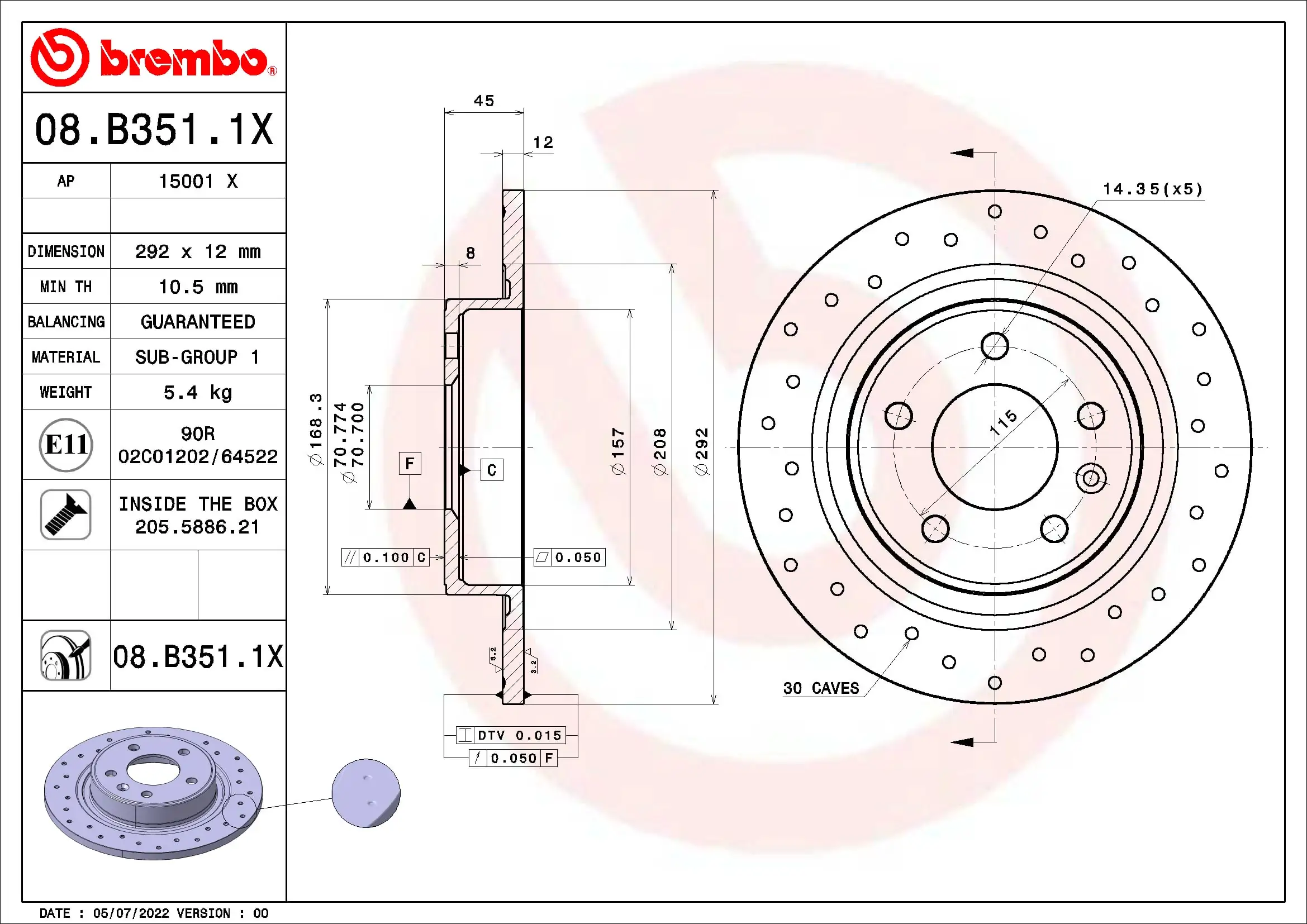 Brake Disc XTRA LINE - Xtra 08.B351.1X