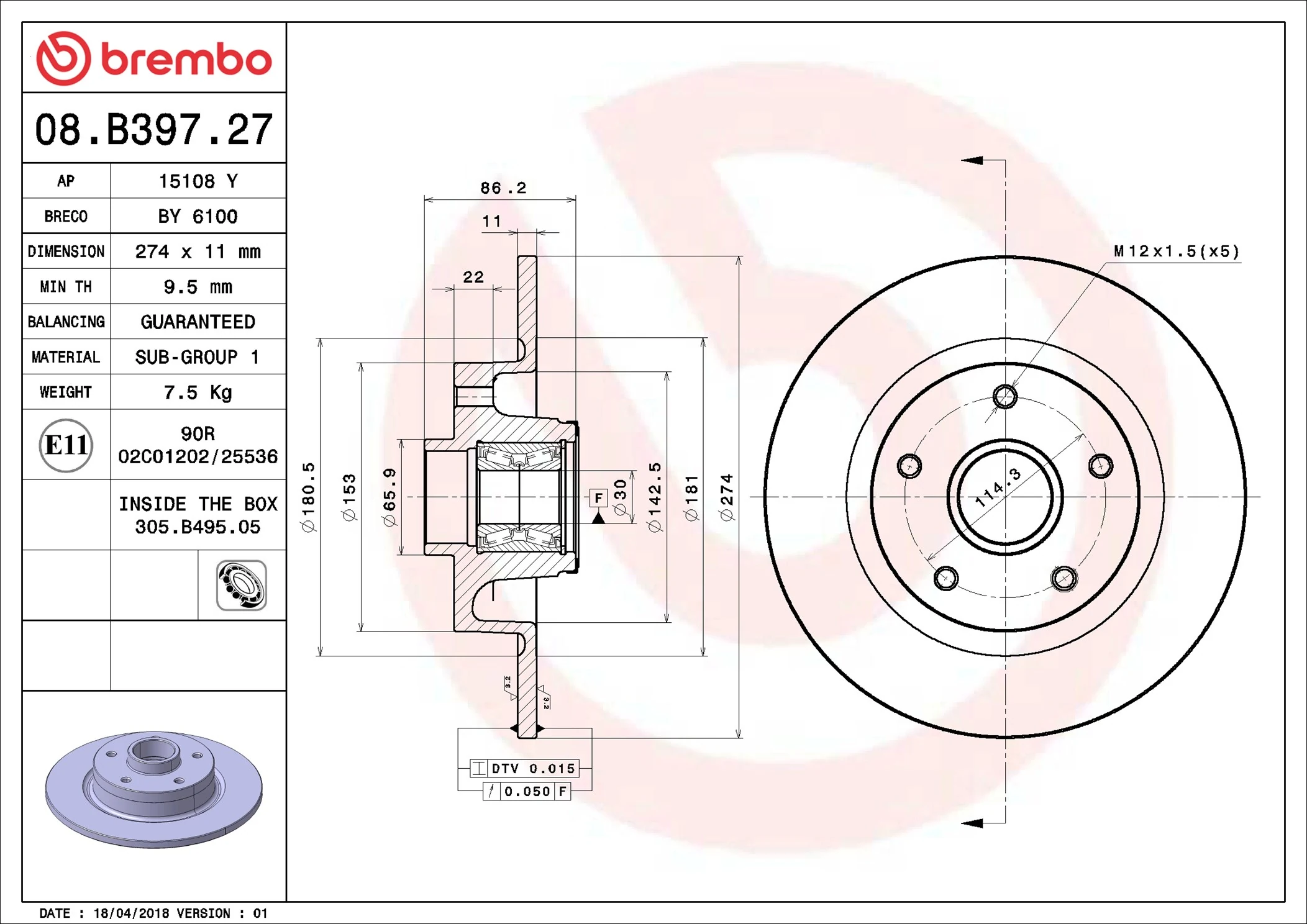Brake Disc PRIME LINE - With Bearing Kit 08.B397.27