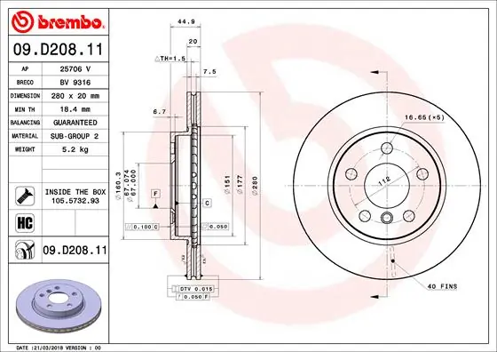Brake Disc PRIME LINE - UV Coated 09.D208.11