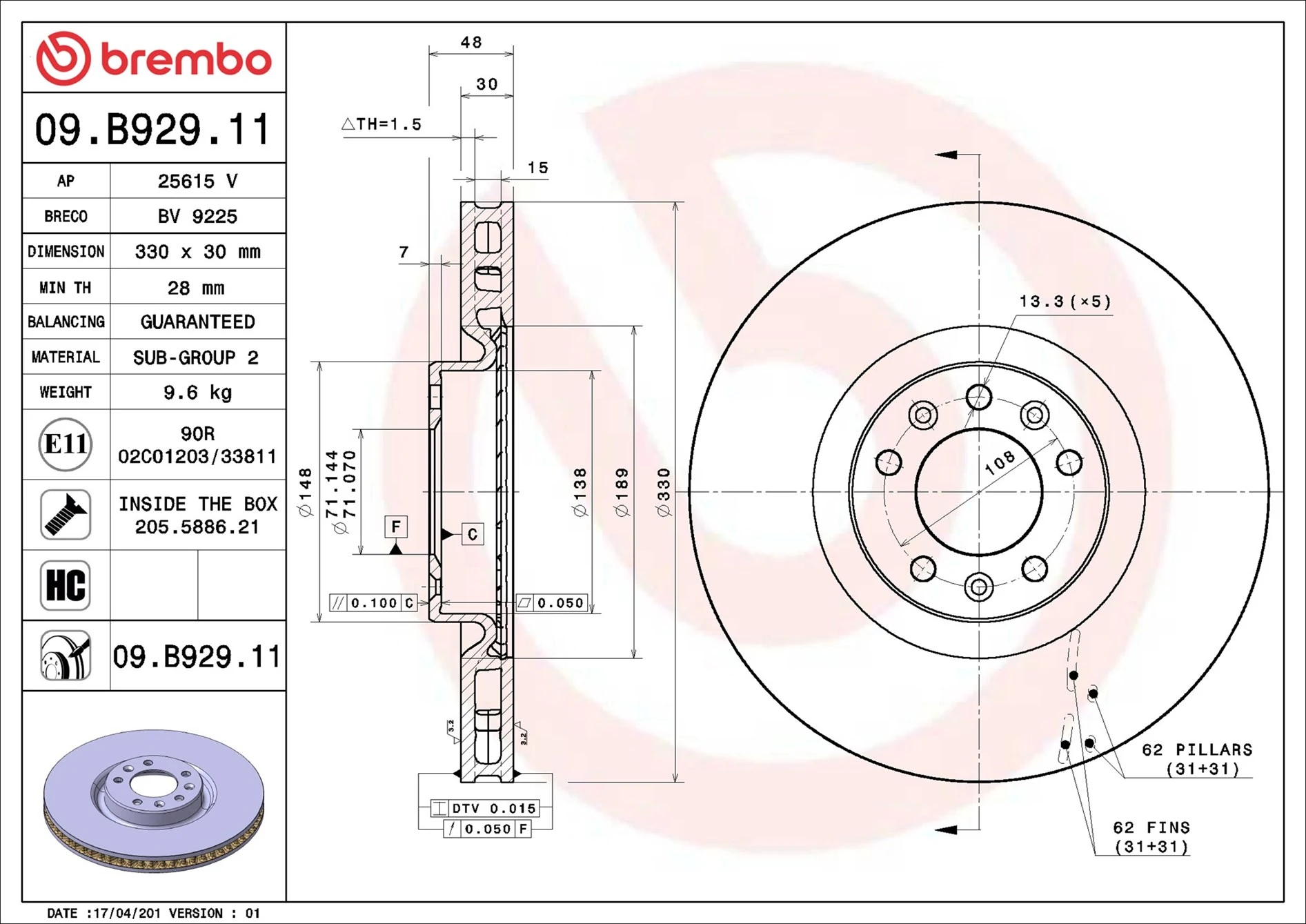 Brake Disc PRIME LINE - UV Coated 09.B929.11