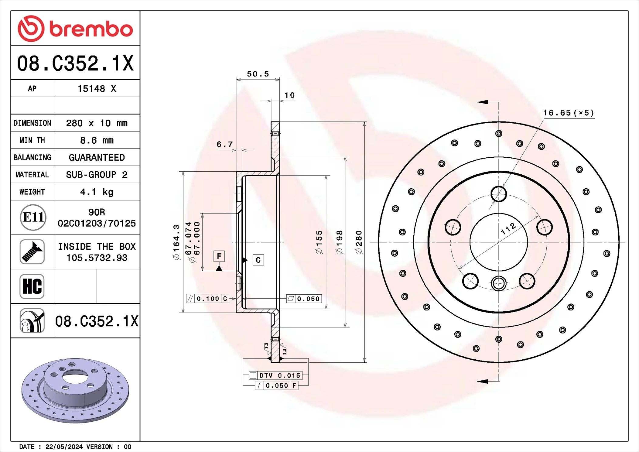 Brake Disc XTRA LINE - Xtra 08.C352.1X