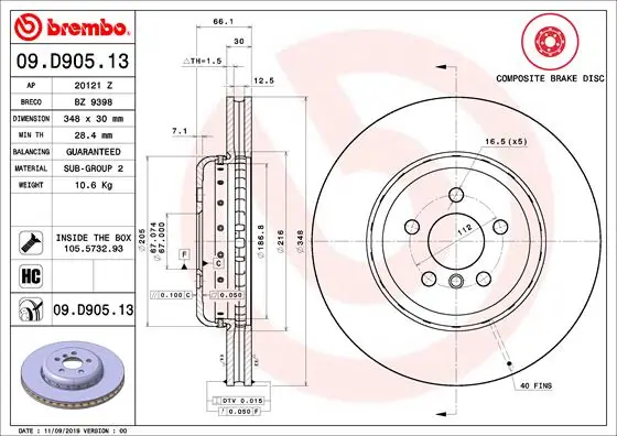 Brake Disc PRIME LINE - Composite 09.D905.13