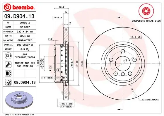 Brake Disc PRIME LINE - Composite 09.D904.13