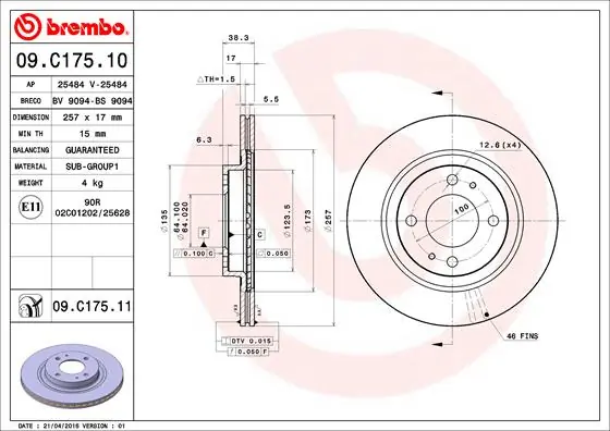 Brake Disc PRIME LINE - UV Coated 09.C175.11