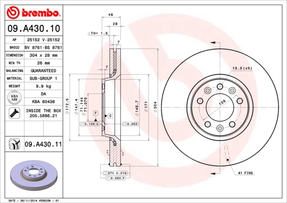 Brake Disc PRIME LINE - UV Coated 09.A430.11