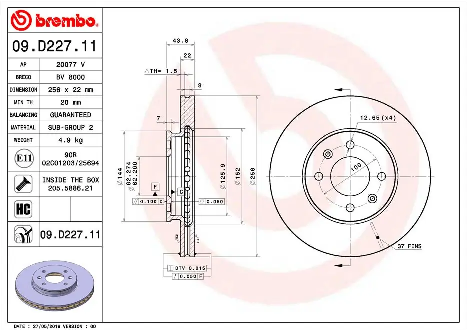 Brake Disc PRIME LINE - UV Coated 09.D227.11