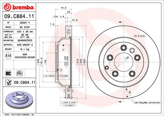 Brake Disc PRIME LINE - UV Coated 09.C884.11