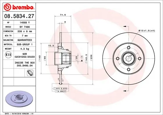 Brake Disc PRIME LINE - With Bearing Kit 08.5834.27